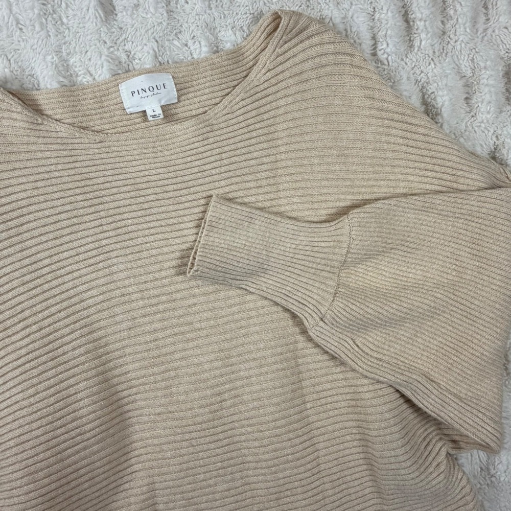 Pinque Design Studio Tan Ribbed Batwing Sweater Boat Neck Beige PF3S26653SF L
